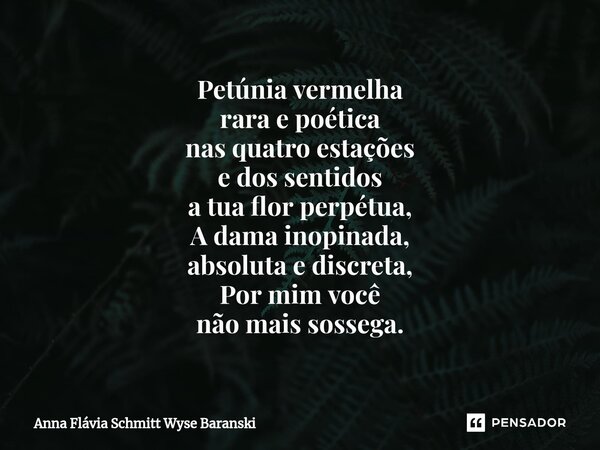 ⁠⁠Petúnia vermelha rara e poética nas quatro estações e dos sentidos a tua flor perpétua, A dama inopinada, absoluta e discreta, Por mim você não mais sossega.... Frase de Anna Flávia Schmitt Wyse Baranski.