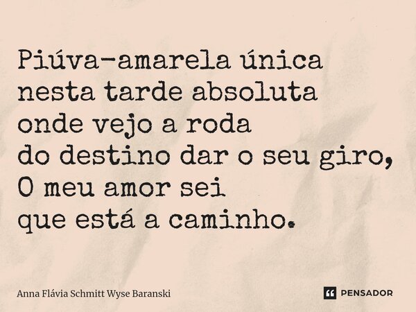 ⁠Piúva-amarela única nesta tarde absoluta onde vejo a roda do destino dar o seu giro, O meu amor sei que está a caminho.... Frase de Anna Flávia Schmitt Wyse Baranski.