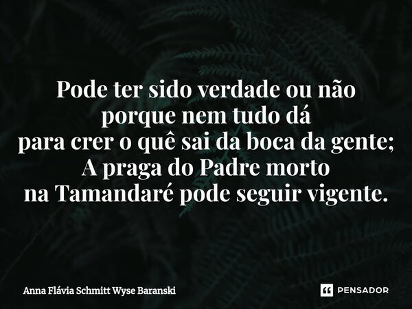 ⁠Pode ter sido verdade ou não porque nem tudo dá para crer o quê sai da boca da gente; A praga do Padre morto na Tamandaré pode seguir vigente.... Frase de Anna Flávia Schmitt Wyse Baranski.