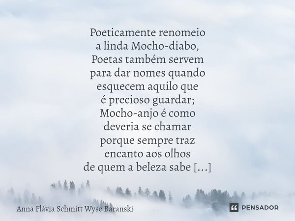 ⁠Poeticamente renomeio a linda Mocho-diabo, Poetas também servem para dar nomes quando esquecem aquilo que é precioso guardar; Mocho-anjo é como deveria se cham... Frase de Anna Flávia Schmitt Wyse Baranski.