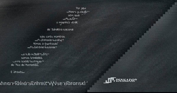 Por aqui temos o privilégio sem igual de avistar o magnífico verde: da Bandeira Nacional Nas cores inúmeras do Patrimônio Natural, temos a expressão da Soberani... Frase de Anna Flávia Schmitt Wyse Baranski.