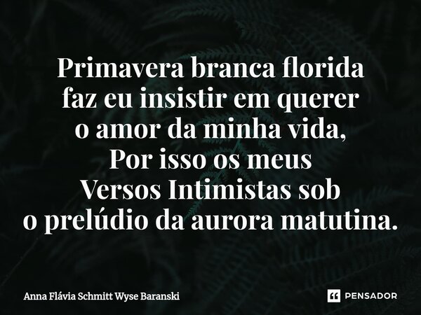 ⁠Primavera branca florida faz eu insistir em querer o amor da minha vida, Por isso os meus Versos Intimistas sob o prelúdio da aurora matutina.... Frase de Anna Flávia Schmitt Wyse Baranski.