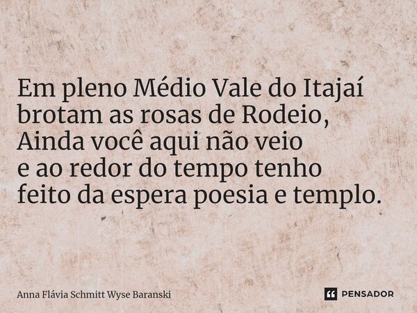 ⁠Rodeio e suas rosas Em pleno Médio Vale do Itajaí brotam as rosas de Rodeio, Ainda você aqui não veio e ao redor do tempo tenho feito da espera poesia e templo... Frase de Anna Flávia Schmitt Wyse Baranski.