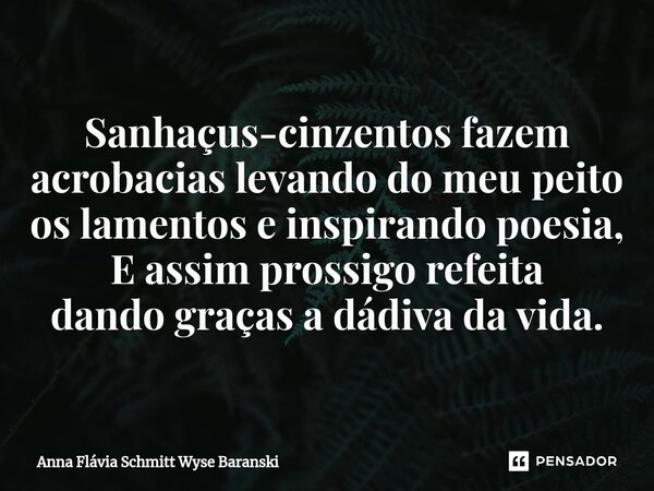 ⁠Sanhaçus-cinzentos fazem acrobacias levando do meu peito os lamentos e inspirando poesia, E assim prossigo refeita dando graças a dádiva da vida.... Frase de Anna Flávia Schmitt Wyse Baranski.