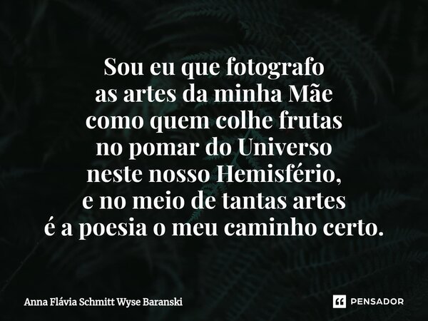 ⁠Sou eu que fotografo as artes da minha Mãe como quem colhe frutas no pomar do Universo neste nosso Hemisfério, e no meio de tantas artes é a poesia o meu camin... Frase de Anna Flávia Schmitt Wyse Baranski.