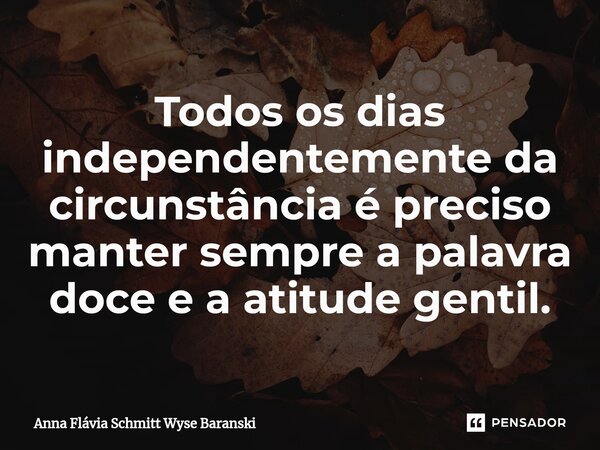 ⁠Todos os dias independentemente da circunstância é preciso manter sempre a palavra doce e a atitude gentil.... Frase de Anna Flávia Schmitt Wyse Baranski.