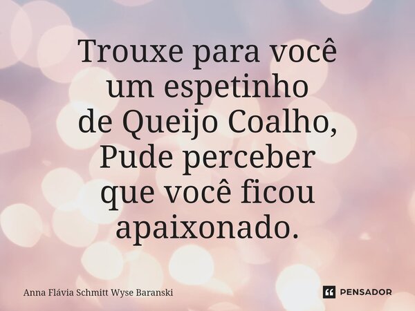 ⁠Trouxe para você um espetinho de Queijo Coalho, Pude perceber que você ficou apaixonado.... Frase de Anna Flávia Schmitt Wyse Baranski.