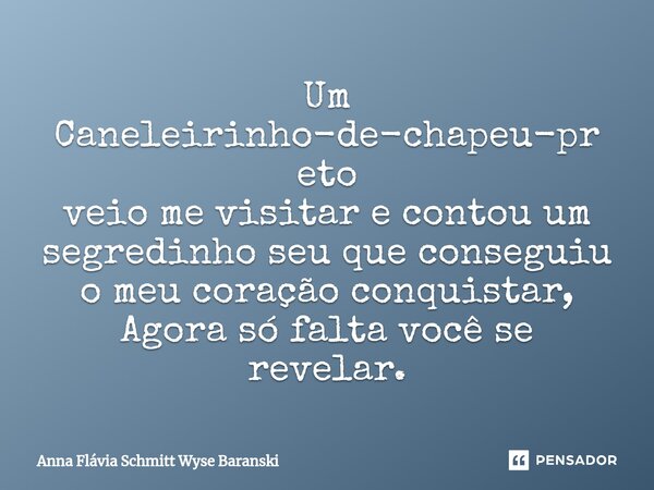 Um Caneleirinho-de-chapeu-preto veio me visitar e contou um segredinho seu que conseguiu o meu coração conquistar, Agora só falta você se revelar.... Frase de Anna Flávia Schmitt Wyse Baranski.