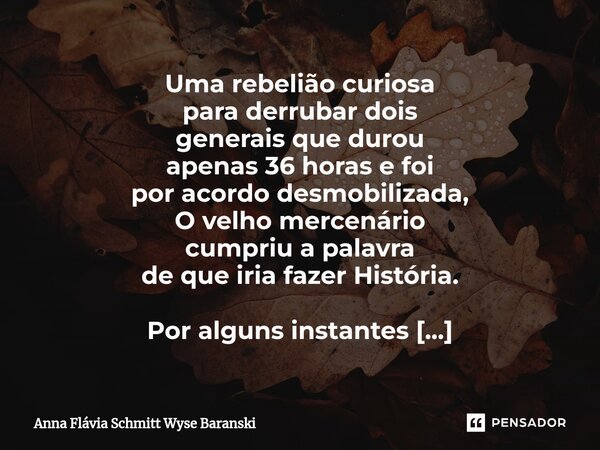 ⁠Uma rebelião curiosa para derrubar dois generais que durou apenas 36 horas e foi por acordo desmobilizada, O velho mercenário cumpriu a palavra de que iria faz... Frase de Anna Flávia Schmitt Wyse Baranski.