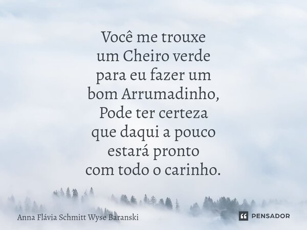 ⁠Você me trouxe um Cheiro verde para eu fazer um bom Arrumadinho, Pode ter certeza que daqui a pouco estará pronto com todo o carinho.... Frase de Anna Flávia Schmitt Wyse Baranski.