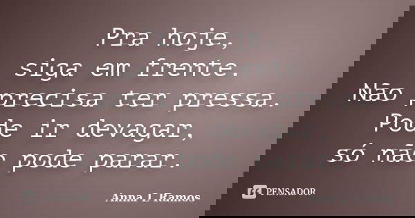 Pra hoje, siga em frente. Não precisa ter pressa. Pode ir devagar, só não pode parar.... Frase de Anna L Ramos.
