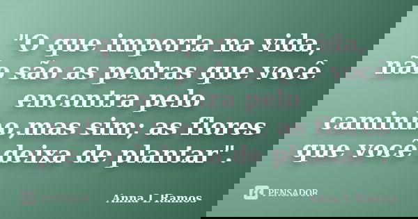 "O que importa na vida, não são as pedras que você encontra pelo caminho,mas sim; as flores que você deixa de plantar".... Frase de Anna L Ramos.