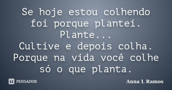 Se hoje estou colhendo foi porque plantei. Plante... Cultive e depois colha. Porque na vida você colhe só o que planta.... Frase de Anna L Ramos.