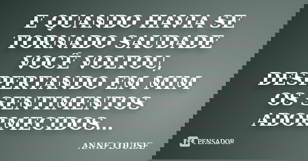 E QUANDO HAVIA SE TORNADO SAUDADE VOCÊ VOLTOU, DESPERTANDO EM MIM OS SENTIMENTOS ADORMECIDOS...... Frase de ANNE LOUISE.