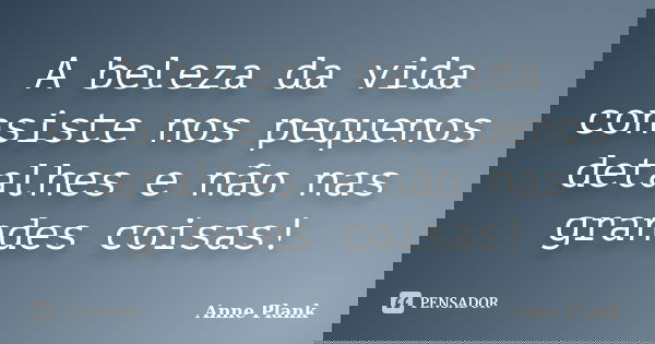 A beleza da vida consiste nos pequenos detalhes e não nas grandes coisas!... Frase de Anne Plank.