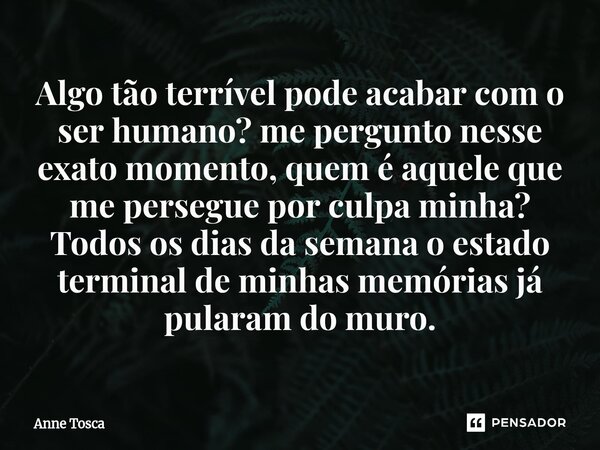 ⁠Algo tão terrível pode acabar com o ser humano? me pergunto nesse exato momento, quem é aquele que me persegue por culpa minha? Todos os dias da semana o estad... Frase de Anne Tosca.