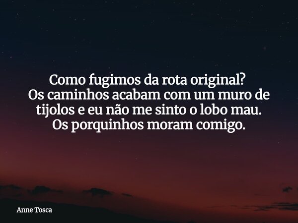 Como fugimos da rota original? ⁠ Os caminhos acabam com um muro de tijolos e eu não me sinto o lobo mau. Os porquinhos moram comigo.... Frase de Anne Tosca.