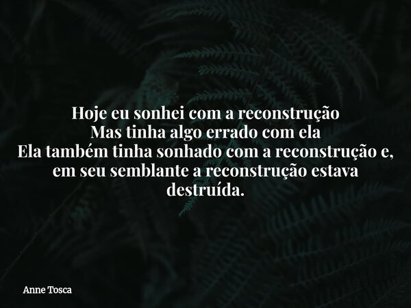 ⁠Hoje eu sonhei com a reconstrução Mas tinha algo errado com ela Ela também tinha sonhado com a reconstrução e, em seu semblante a reconstrução estava destruída... Frase de Anne Tosca.