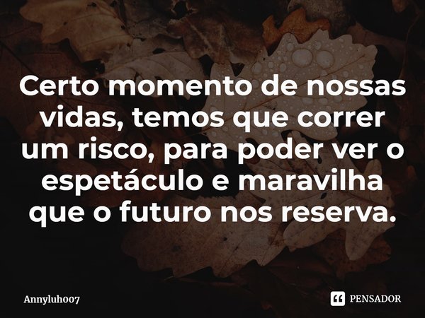 Certo momento de nossas vidas, temos que correr um risco, para poder ver o espetáculo e maravilha que o futuro nos reserva.... Frase de Annyluh007.