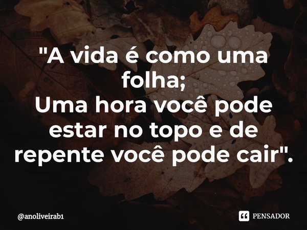 "A vida é como uma folha;
Uma hora você pode estar no topo e de repente⁠ você pode cair".... Frase de anoliveirab1.
