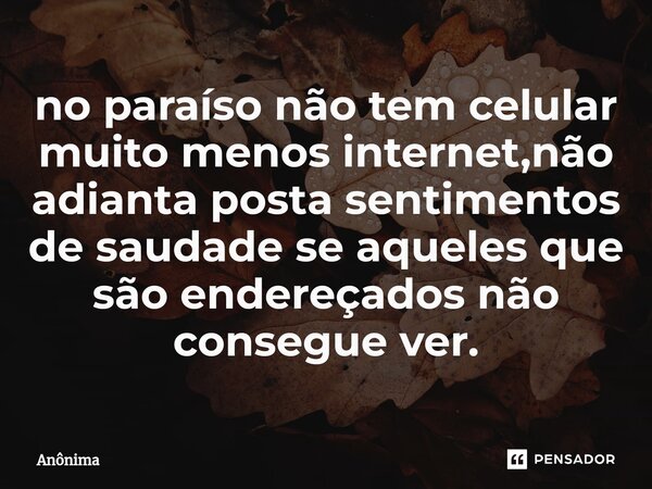 ⁠no paraíso não tem celular muito menos internet,não adianta posta sentimentos de saudade se aqueles que são endereçados não consegue ver.... Frase de Anônima.
