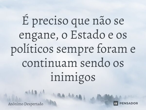 ⁠É preciso que não se engane, o Estado e os políticos sempre foram e continuam sendo os inimigos... Frase de Anônimo Despertado.