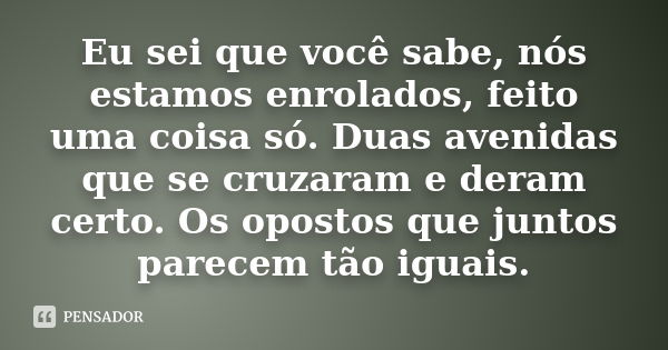 Eu sei que você sabe, nós estamos enrolados, feito uma coisa só. Duas avenidas que se cruzaram e deram certo. Os opostos que juntos parecem tão iguais.... Frase de Anonimo.