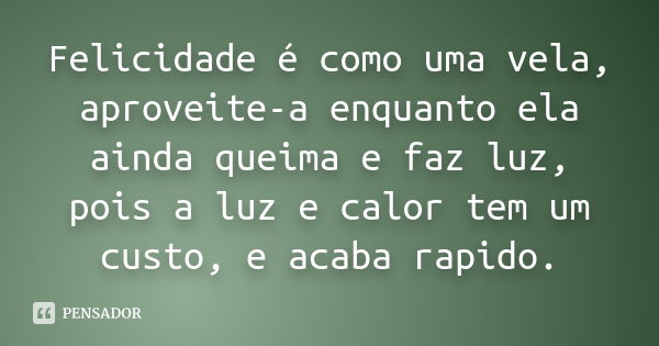 Felicidade é como uma vela, aproveite-a enquanto ela ainda queima e faz luz, pois a luz e calor tem um custo, e acaba rapido.... Frase de Anonimo.