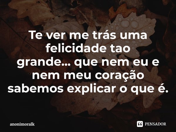 ⁠Te ver me trás uma felicidade tao grande...que nem eu e nem meu coração sabemos explicar o que é.... Frase de anonimoralk.