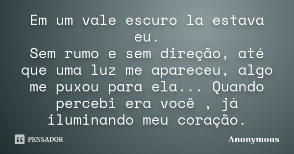 Em um vale escuro la estava eu. Sem rumo e sem direção, até que uma luz me apareceu, algo me puxou para ela... Quando percebi era você , já iluminando meu coraç... Frase de Anonymous.