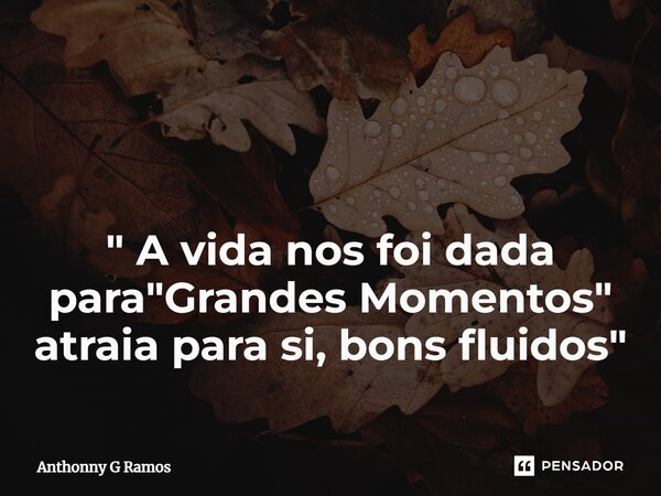 ⁠ " A vida nos foi dada para "Grandes Momentos" atraia para si, bons fluidos"... Frase de Anthonny G Ramos.