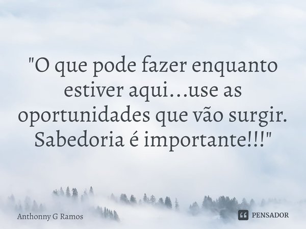 "⁠O que pode fazer enquanto estiver aqui...use as oportunidades que vão surgir. Sabedoria é importante!!!"... Frase de Anthonny G Ramos.