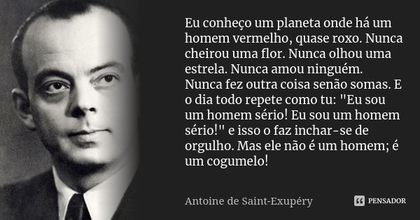 Eu conheço um planeta onde há um homem vermelho, quase roxo. Nunca cheirou uma flor. Nunca olhou uma estrela. Nunca amou ninguém. Nunca fez outra coisa senão so... Frase de Antoine de Saint Exupéry.