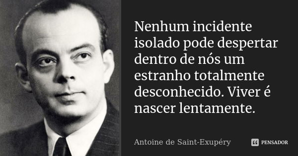 Nenhum incidente isolado pode despertar dentro de nós um estranho totalmente desconhecido. Viver é nascer lentamente.... Frase de Antoine de Saint-Exupéry.