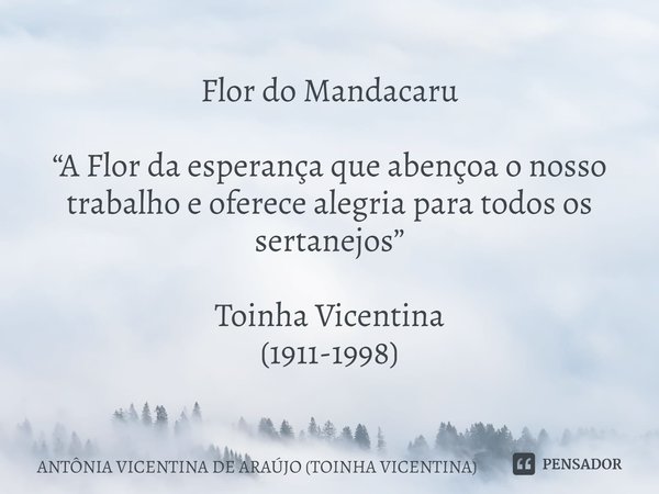 ⁠Flor do Mandacaru “A Flor da esperança que abençoa o nosso trabalho e oferece alegria para todos os sertanejos” Toinha Vicentina
(1911-1998)... Frase de ANTÔNIA VICENTINA DE ARAÚJO (TOINHA VICENTINA).