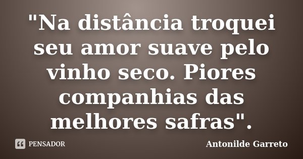 "Na distância troquei seu amor suave pelo vinho seco. Piores companhias das melhores safras".... Frase de Antonilde Garreto.