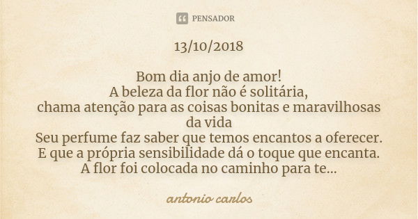 13/10/2018 Bom dia anjo de amor! A beleza da flor não é solitária, chama atenção para as coisas bonitas e maravilhosas da vida Seu perfume faz saber que temos e... Frase de Antonio Carlos.