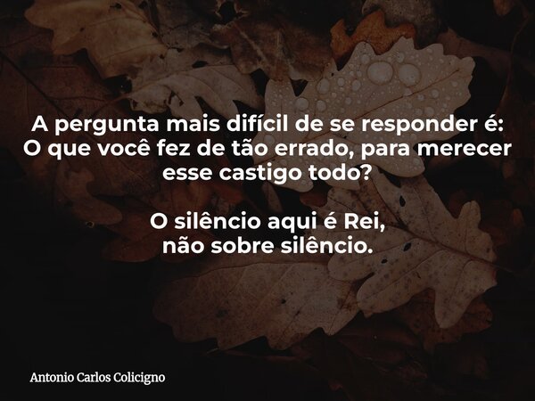 A pergunta mais difícil de se responder é: O que você fez de tão errado, para merecer esse castigo todo? O silêncio aqui é Rei, não sobre silêncio.... Frase de Antonio Carlos Colicigno.