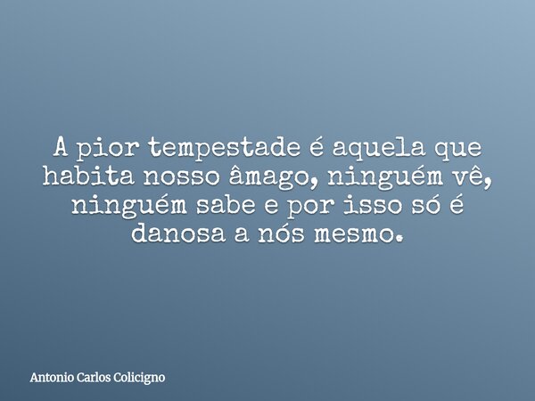 A pior tempestade é aquela que habita nosso âmago, ninguém vê, ninguém sabe e por isso só é danosa a nós mesmo.... Frase de Antonio Carlos Colicigno.