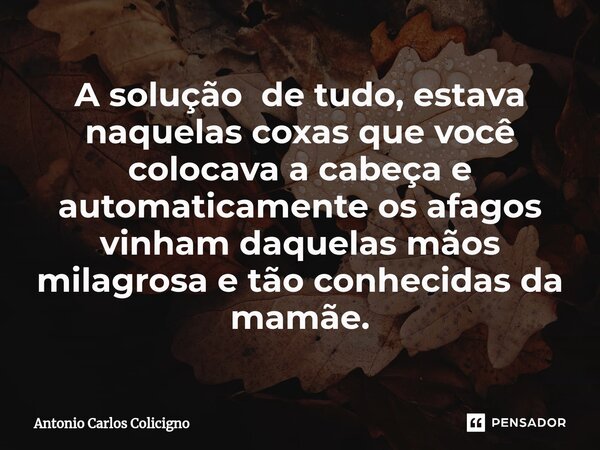 A solução de tudo, estava naquelas coxas que você colocava a cabeça ⁠e automaticamente os afagos vinham daquelas mãos milagrosa e tão conhecidas da mamãe.... Frase de Antonio Carlos Colicigno.