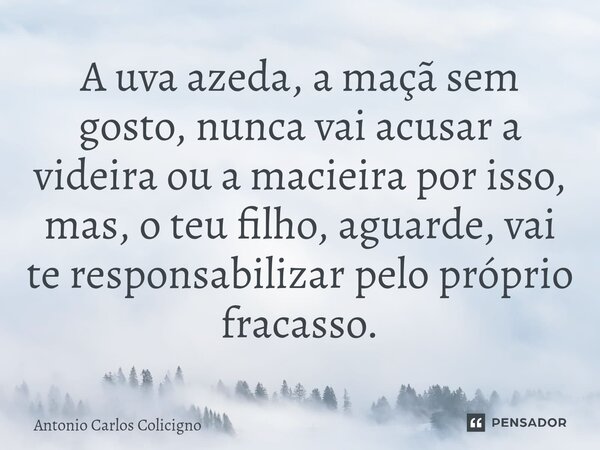 ⁠A uva azeda, a maçã sem gosto, nunca vai acusar a videira ou a macieira por isso, mas, o teu filho, aguarde, vai te responsabilizar pelo próprio fracasso.... Frase de Antonio Carlos Colicigno.