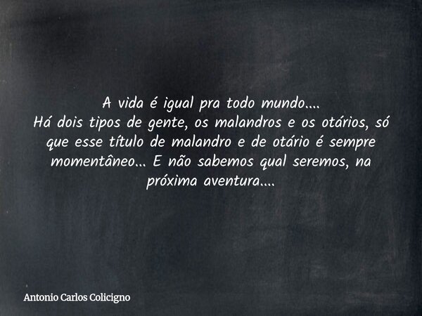 A vida é igual pra todo mundo.... Há dois tipos de gente, os malandros e os otários, só que esse título de malandro e de otário é sempre momentâneo... E não sab... Frase de Antonio Carlos Colicigno.