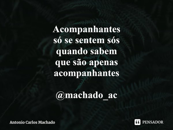 ⁠Acompanhantes
só se sentem sós
quando sabem
que são apenas
acompanhantes @machado_ac... Frase de Antonio Carlos Machado.