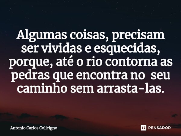 ⁠Algumas coisas, precisam ser vividas e esquecidas, porque, até o rio contorna as pedras que encontra no seu caminho sem arrasta-las.... Frase de Antonio Carlos Colicigno.