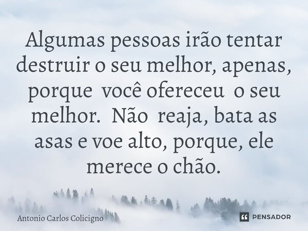 ⁠Algumas pessoas irão tentar destruir o seu melhor, apenas, porque você ofereceu o seu melhor. Não reaja, bata as asas e voe alto, porque, ele merece o chão.... Frase de Antonio Carlos Colicigno.
