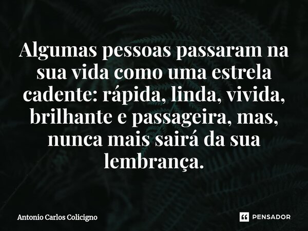 ⁠Algumas pessoas passaram na sua vida como uma estrela cadente: rápida, linda, vivida, brilhante e passageira, mas, nunca mais sairá da sua lembrança.... Frase de Antonio Carlos Colicigno.