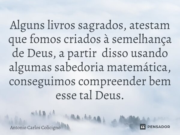 ⁠Alguns livros sagrados, atestam que fomos criados à semelhança de Deus, a partir disso usando algumas sabedoria matemática, conseguimos compreender bem esse ta... Frase de Antonio Carlos Colicigno.