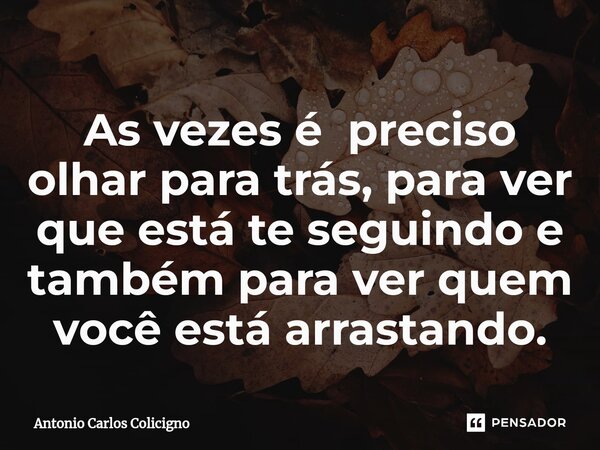 ⁠As vezes é preciso olhar para trás, para ver que está te seguindo e também para ver quem você está arrastando.... Frase de Antonio Carlos Colicigno.