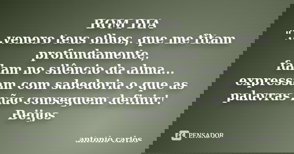 BOM DIA "...venero teus olhos, que me fitam profundamente, falam no silêncio da alma... expressam com sabedoria o que as palavras não conseguem definir! Be... Frase de Antonio Carlos.