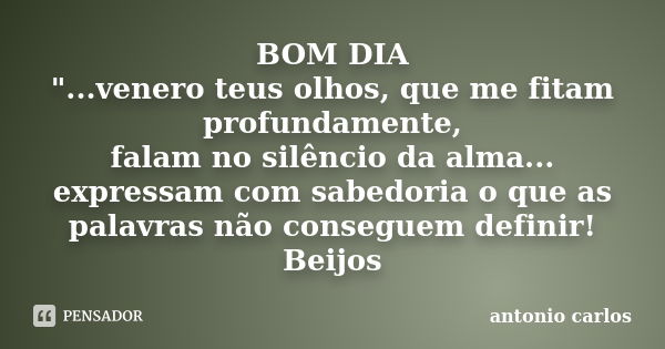 BOM DIA "...venero teus olhos, que me fitam profundamente, falam no silêncio da alma... expressam com sabedoria o que as palavras não conseguem definir! Be... Frase de Antonio Carlos.